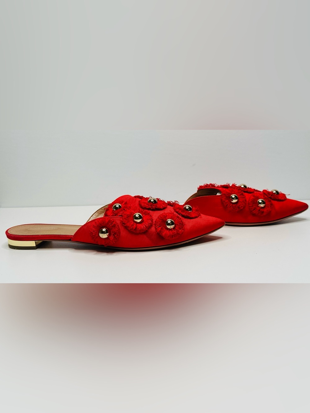 Aquazzura Sunflower Red Brocade Canvas Gold Embellished Slide Flats Mules Shoes - Picture 4 of 11
